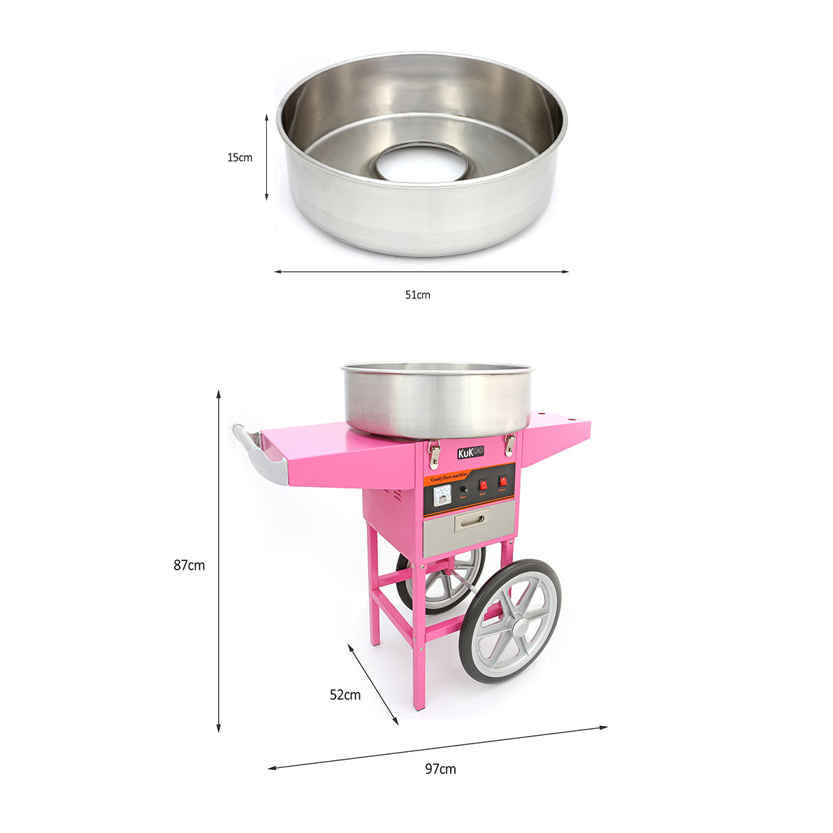 Máquina de algodão doce rosa com estrutura metálica, tigela de aço inoxidável, rodas grandes e painel de controle em destaque