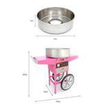 Máquina de algodão doce rosa com estrutura metálica, tigela de aço inoxidável, rodas grandes e painel de controle em destaque