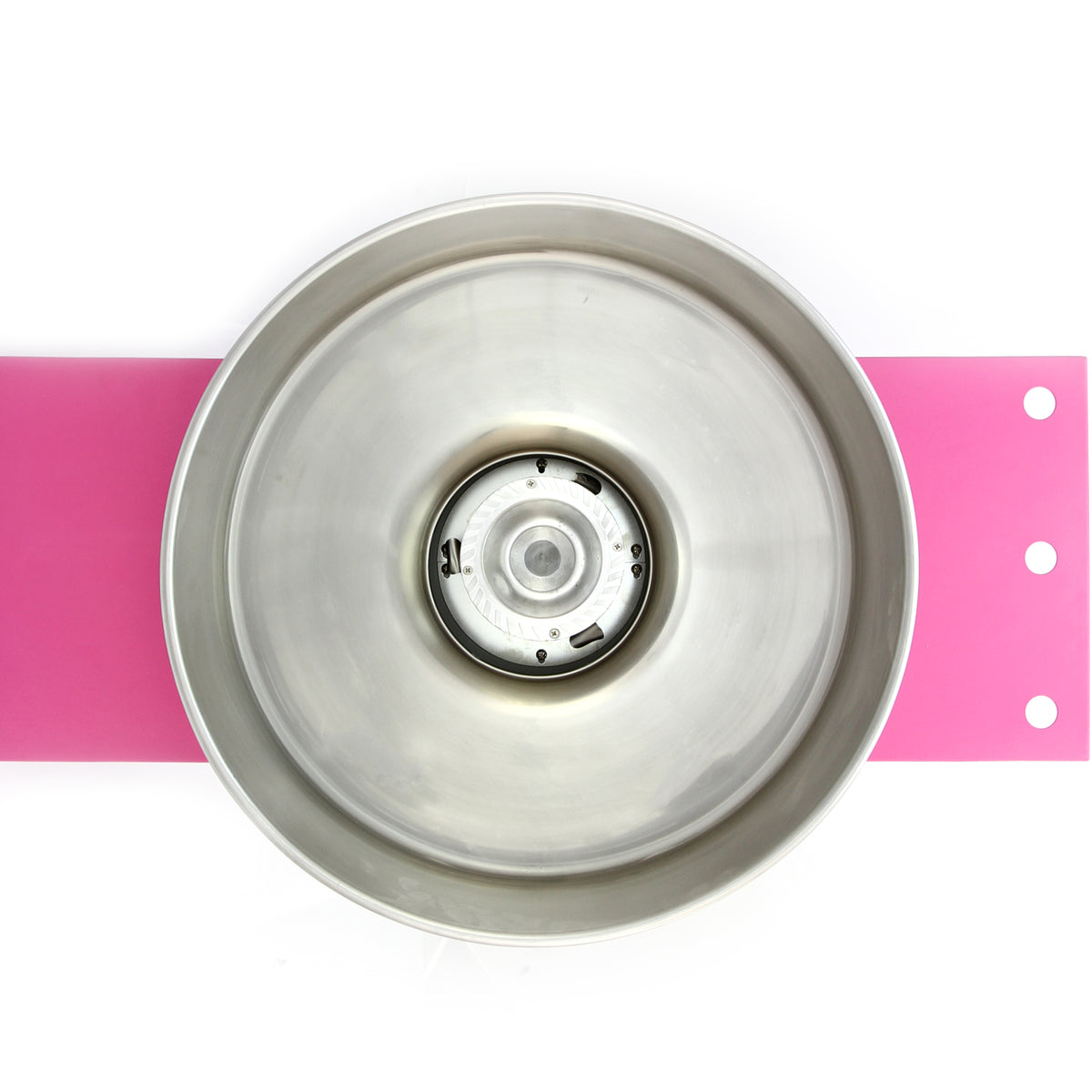 Bowl de aço inoxidável com acabamento brilhante, posicionado sobre uma base rosa, ideal para misturar ingredientes em receitas