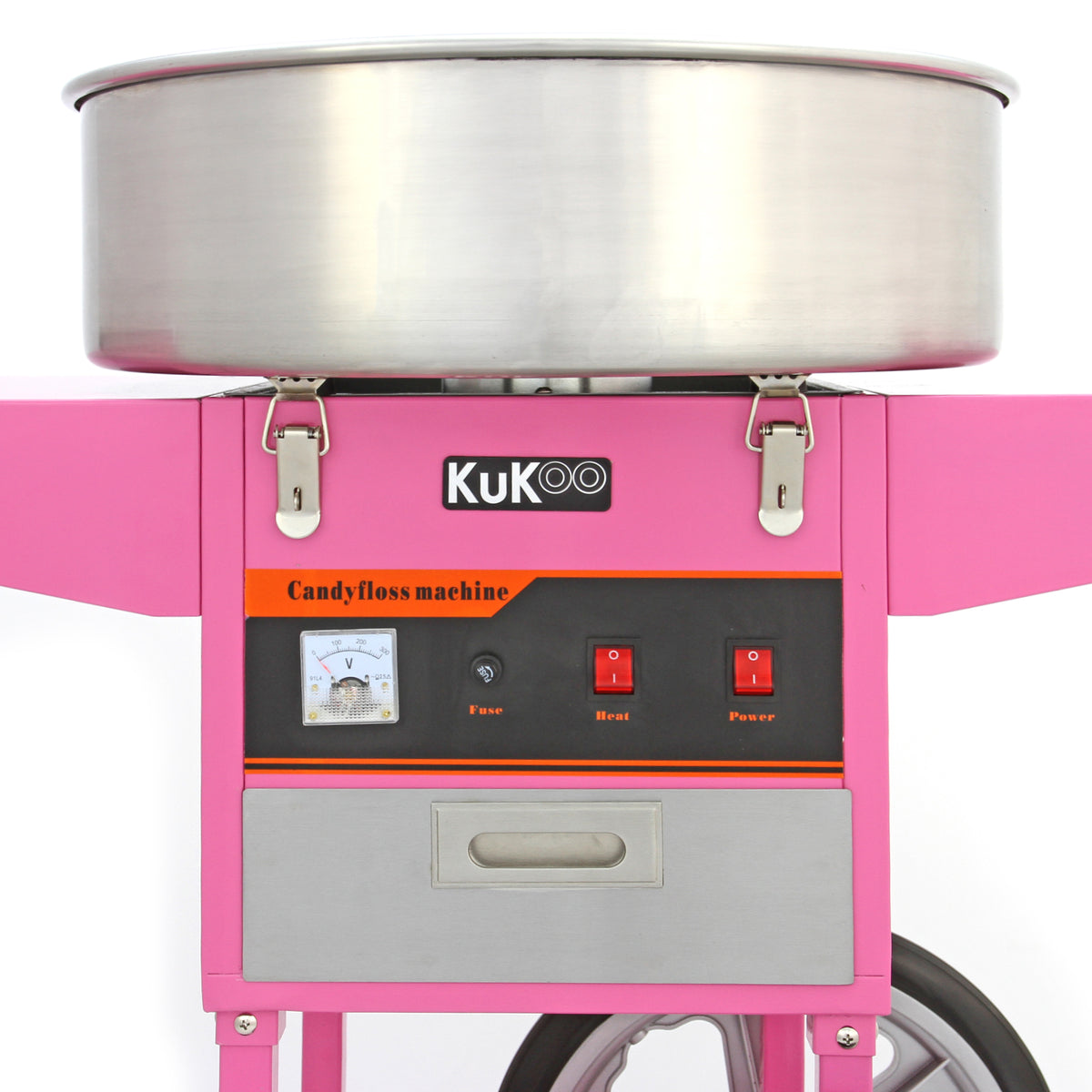 Máquina de algodão doce rosa com painel de controle laranja, botões para ligar, aquecer e medir temperatura, e recipiente metálico brilhante