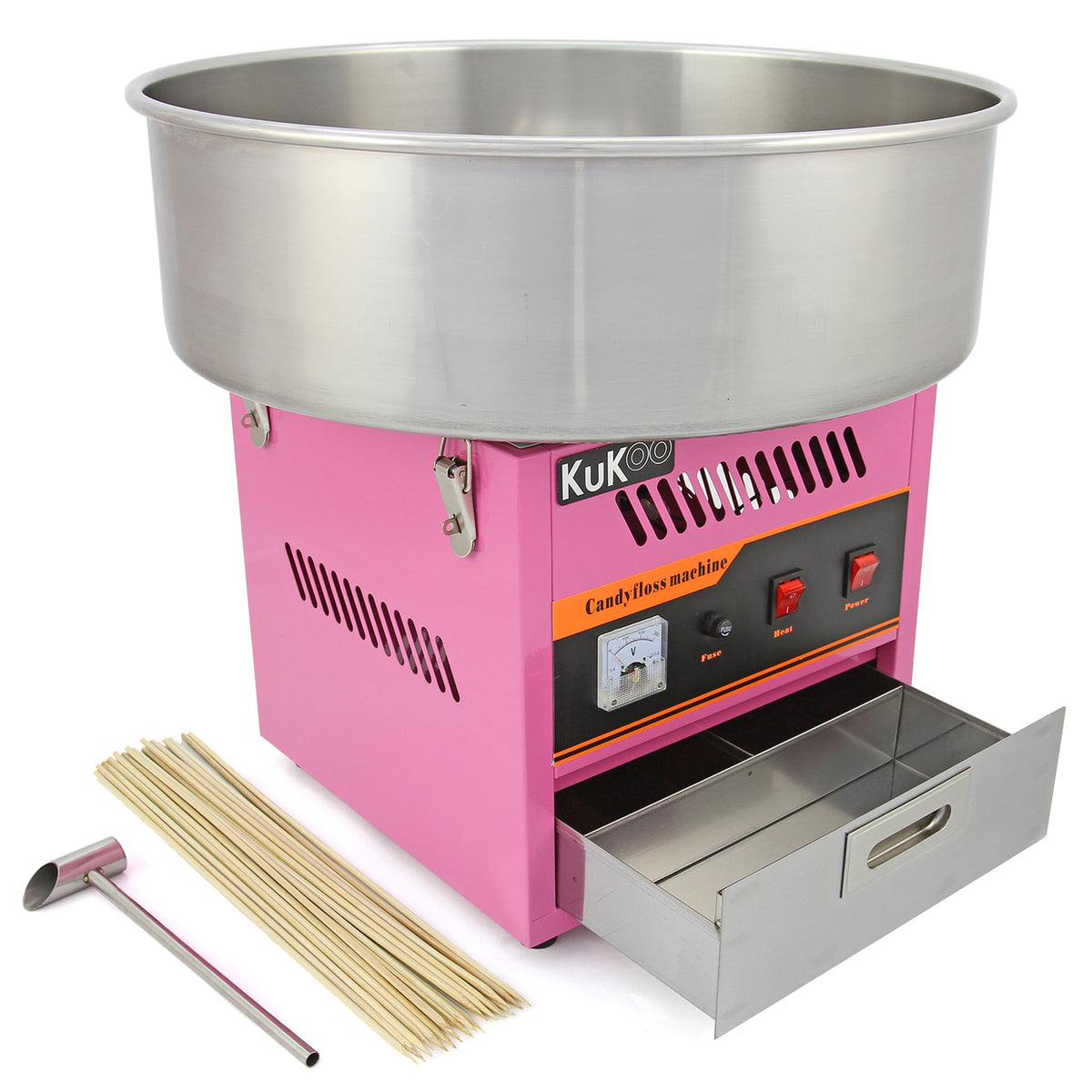 Máquina de algodão doce em rosa vibrante com tigela de aço inox, acompanhada de palitos de madeira e utensílios para uso fácil