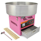 Máquina de algodão doce em rosa vibrante com tigela de aço inox, acompanhada de palitos de madeira e utensílios para uso fácil