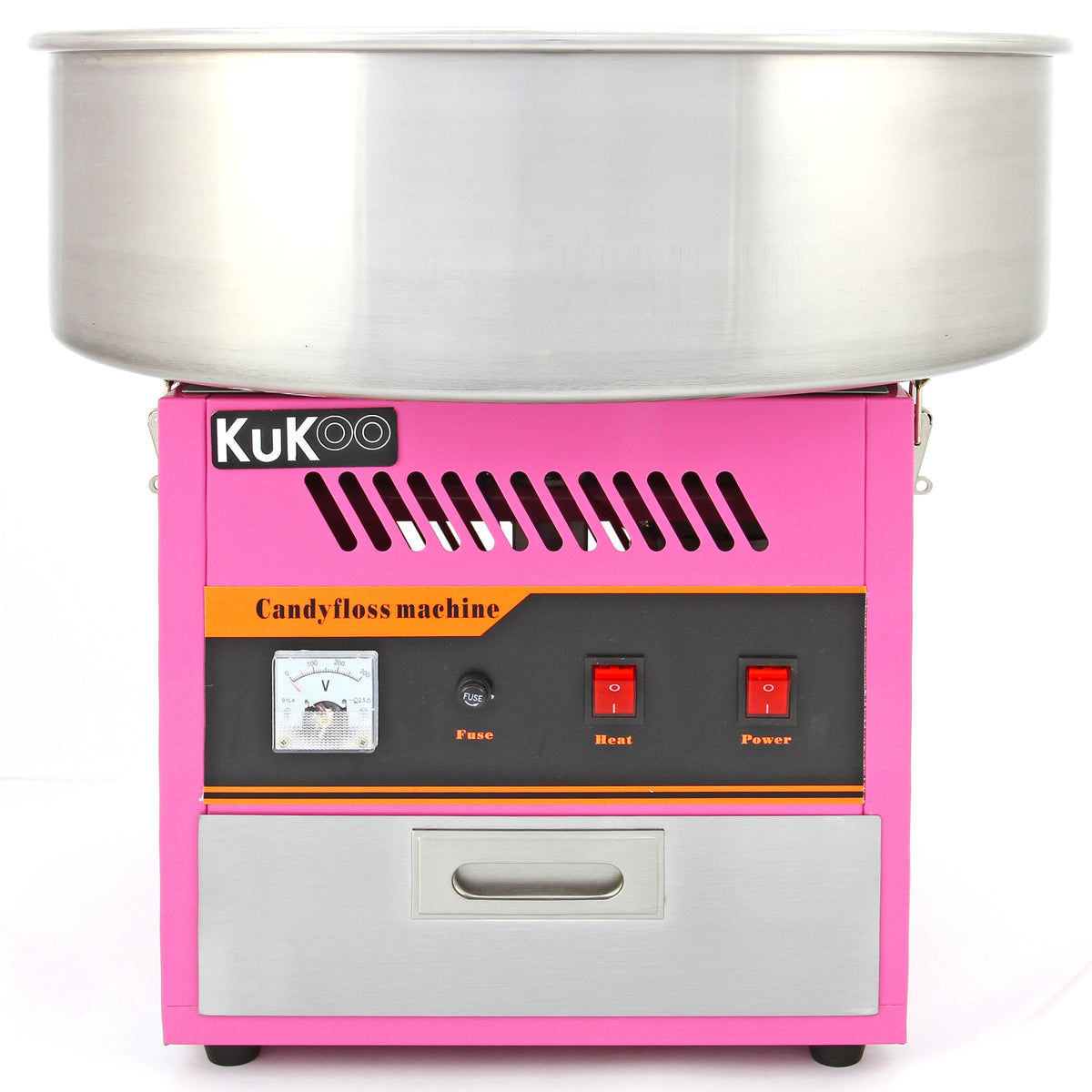 Máquina de algodão doce em rosa vibrante com acabamento em aço inox, botões de controle e um grande recipiente prateado acima
