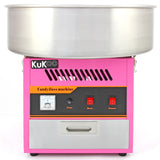 Máquina de algodão doce em rosa vibrante com acabamento em aço inox, botões de controle e um grande recipiente prateado acima