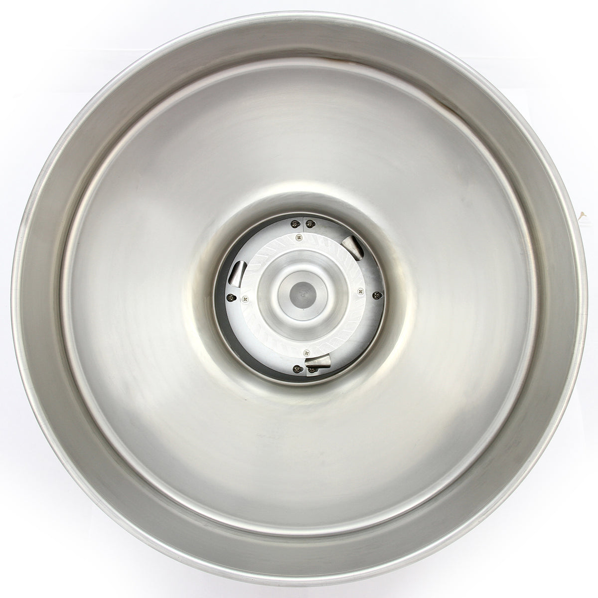 Tigela de metal inoxidável com acabamento polido, apresentando um design circular e superfície lisa, ideal para cozinha profissional