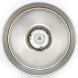 Tigela de metal inoxidável com acabamento polido, apresentando um design circular e superfície lisa, ideal para cozinha profissional
