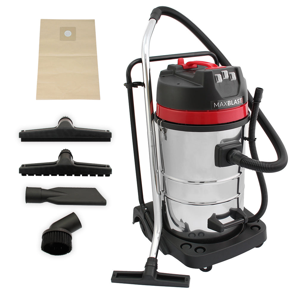 Aspirador comercial MAXBLAST de 80 litros em aço inoxidável, com acessórios em preto e vermelho, ideal para limpeza eficiente e durável