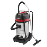 Aspirador comercial MAXBLAST de 80 litros com corpo metálico prateado, detalhes em preto e vermelho, mangueira flexível e suporte robusto