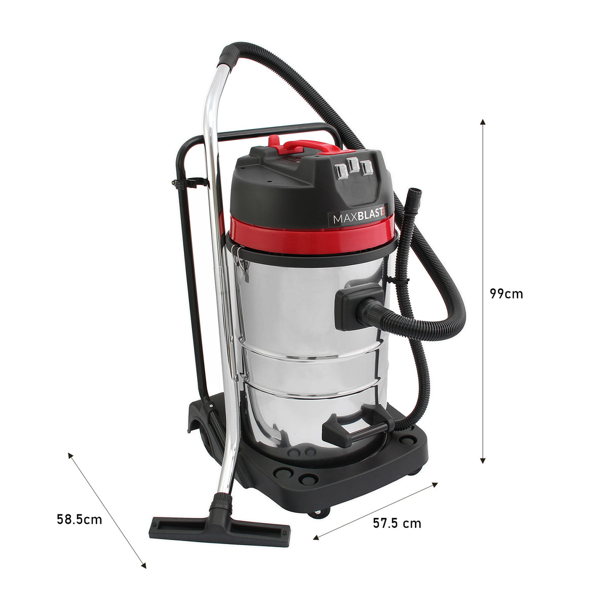 Aspirador comercial MAXBLAST de 80 litros, com corpo metálico prateado, detalhes em vermelho, mangueira flexível e suporte robusto