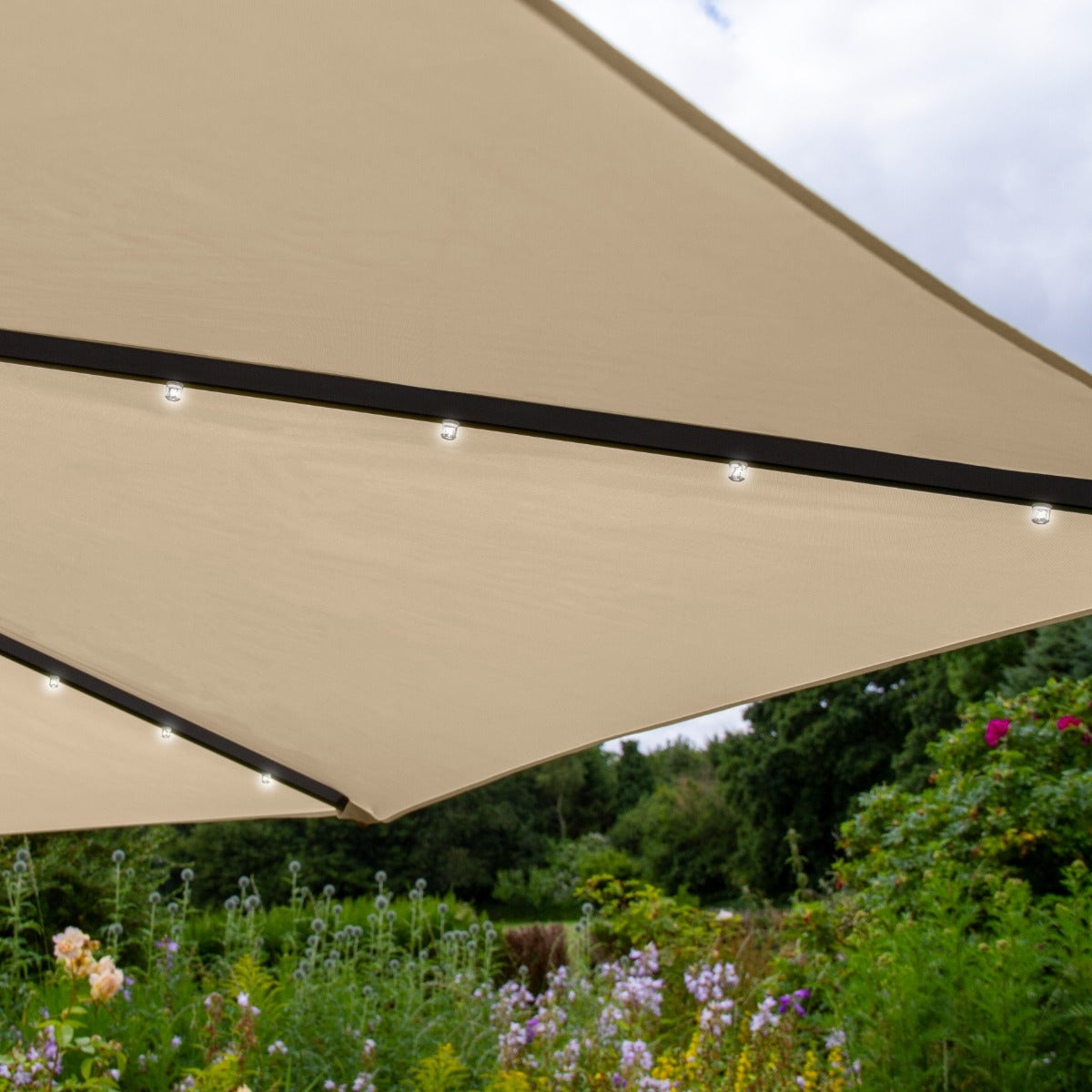 Guarda-sol Cantilever 3m com Luzes LED e Base Quadrada - Bege