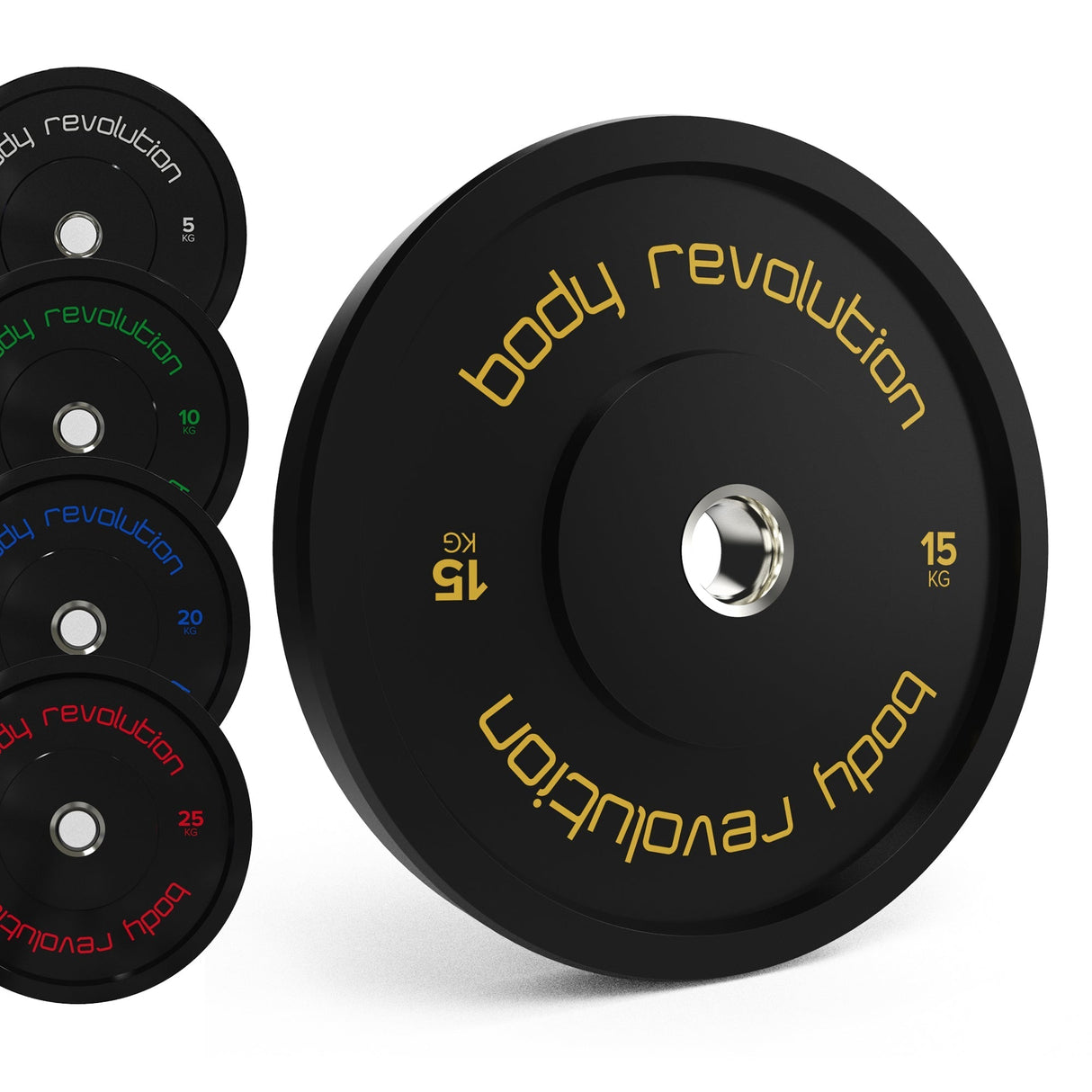 Discos bumper olímpicos pretos da Body Revolution, com pesos de 15kg, 25kg e 10kg, acabamento liso e design moderno e robusto