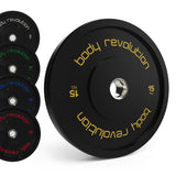 Discos bumper olímpicos pretos da Body Revolution, com pesos de 15kg, 25kg e 10kg, acabamento liso e design moderno e robusto