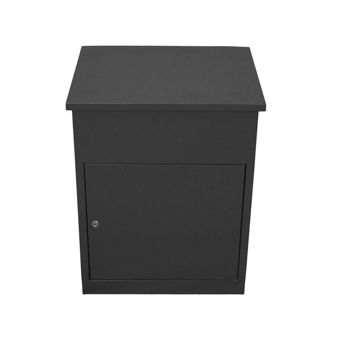 Caixa de armazenamento em metal preto, com acabamento liso, tampa plana e porta frontal com fechadura, ideal para organização