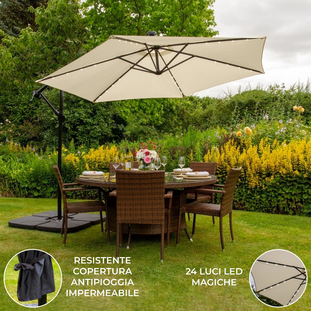 Guarda-chuva Cantilever 3m com Luzes LED e Base Quadrada - Creme