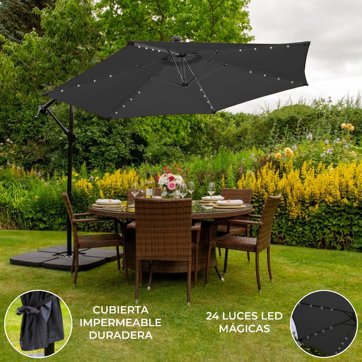 Guarda-sol Cantilever 3m com Luzes LED e Base Quadrada - Cinza