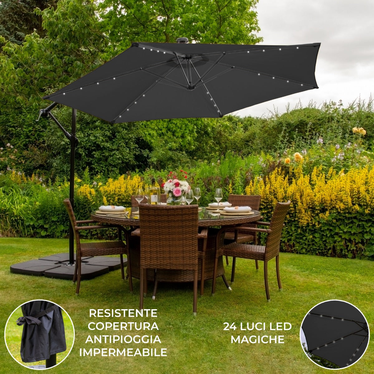Guarda-sol Cantilever 3m com Luzes LED e Base Quadrada - Cinza