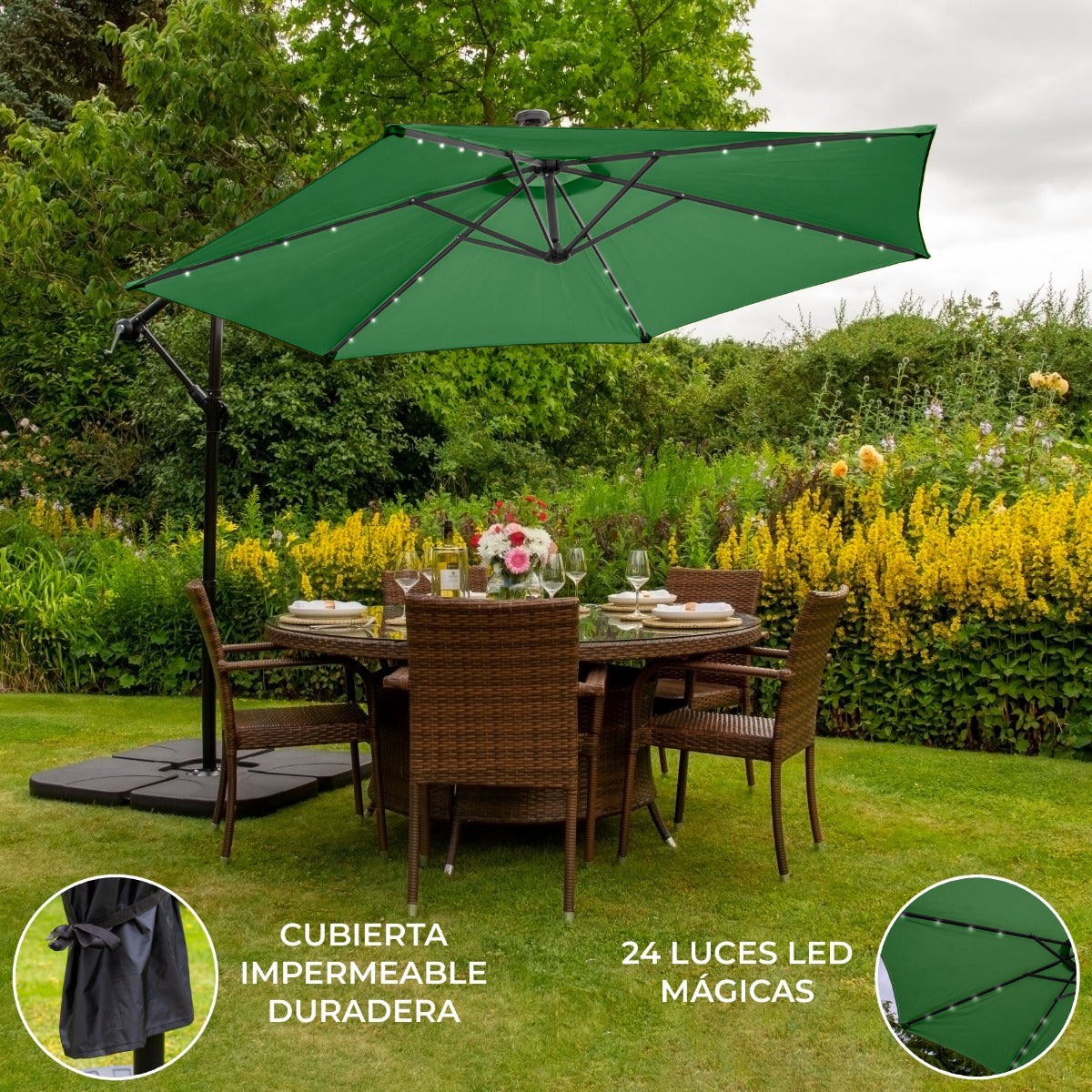 Guarda-chuva Cantilever 3m com Luzes LED e Base Quadrada - Verde