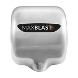 Secador de mãos em aço inoxidável, com design moderno e logo "MAXBLAST" em destaque, ideal para banheiros comerciais e públicos