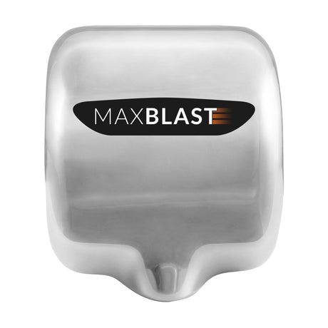 Secador de mãos em aço inoxidável, com design moderno e logo "MAXBLAST" em destaque, ideal para banheiros comerciais e públicos