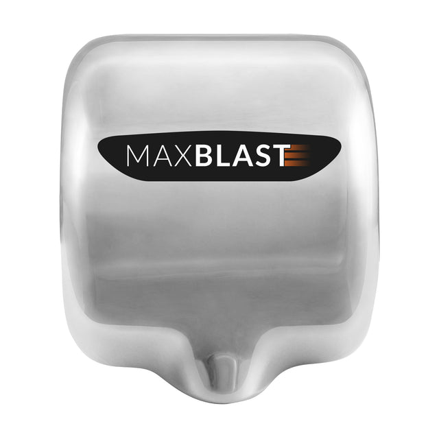 Secador de mãos em aço inoxidável, com design moderno e logo "MAXBLAST" em destaque, ideal para banheiros comerciais e públicos