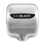 Secador de mãos em aço inoxidável, com design moderno e logo "MAXBLAST" em destaque, ideal para banheiros comerciais e públicos