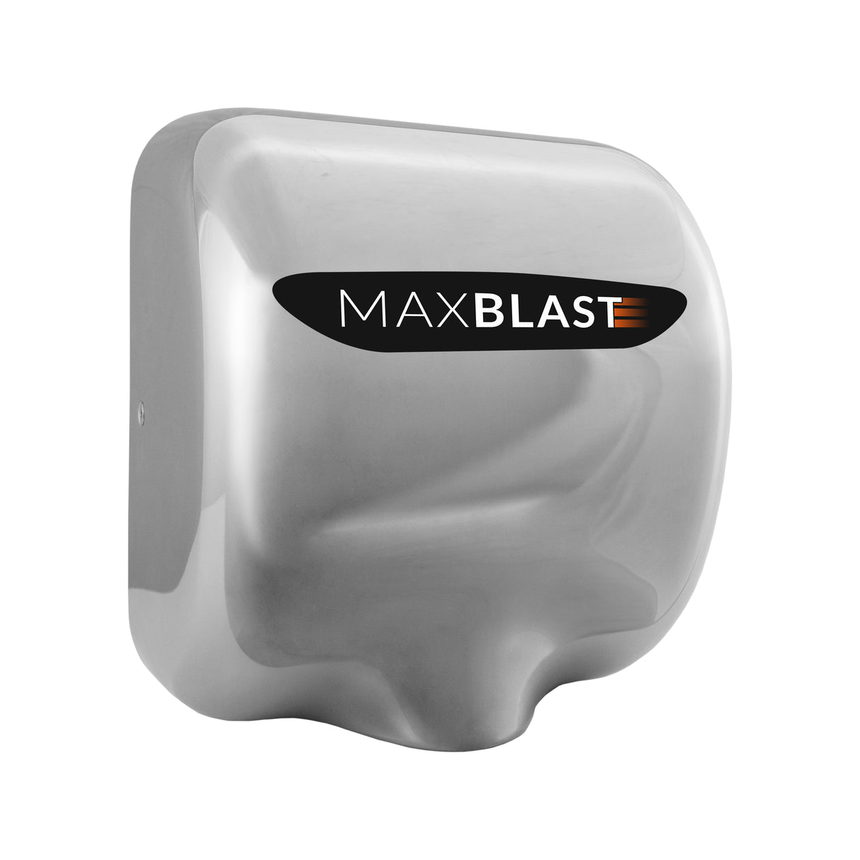 Secador de mãos automático MaxBlast em aço inoxidável brilhante, com design moderno e logo em destaque na parte frontal
