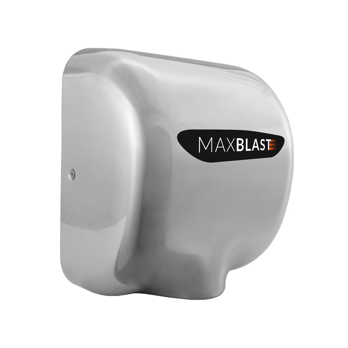 Secador de mãos MaxBlast em aço inoxidável, com design moderno e superfície brilhante, ideal para banheiros comerciais e públicos