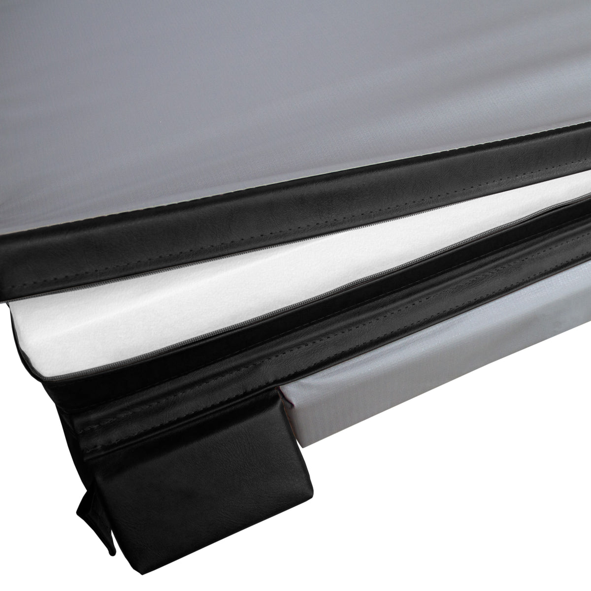 Colchão com camadas em tons de cinza e preto, com textura suave e bordas bem acabadas, ideal para conforto e suporte