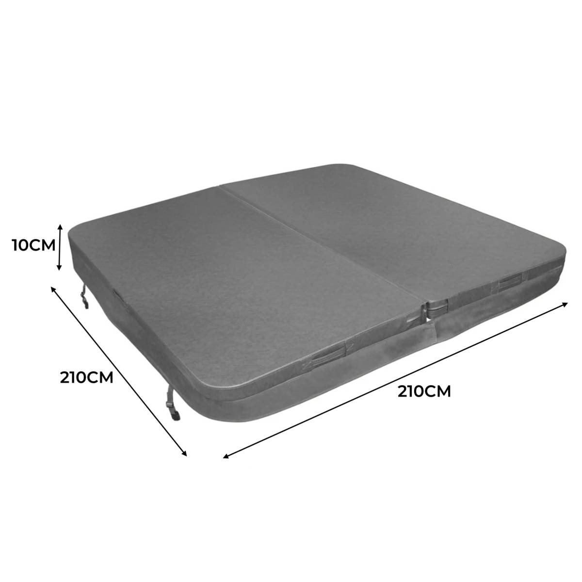 Cobertura cinza para jacuzzi, medindo 2,1m x 2,1m, com superfície lisa e textura acolchoada, ideal para proteção e isolamento