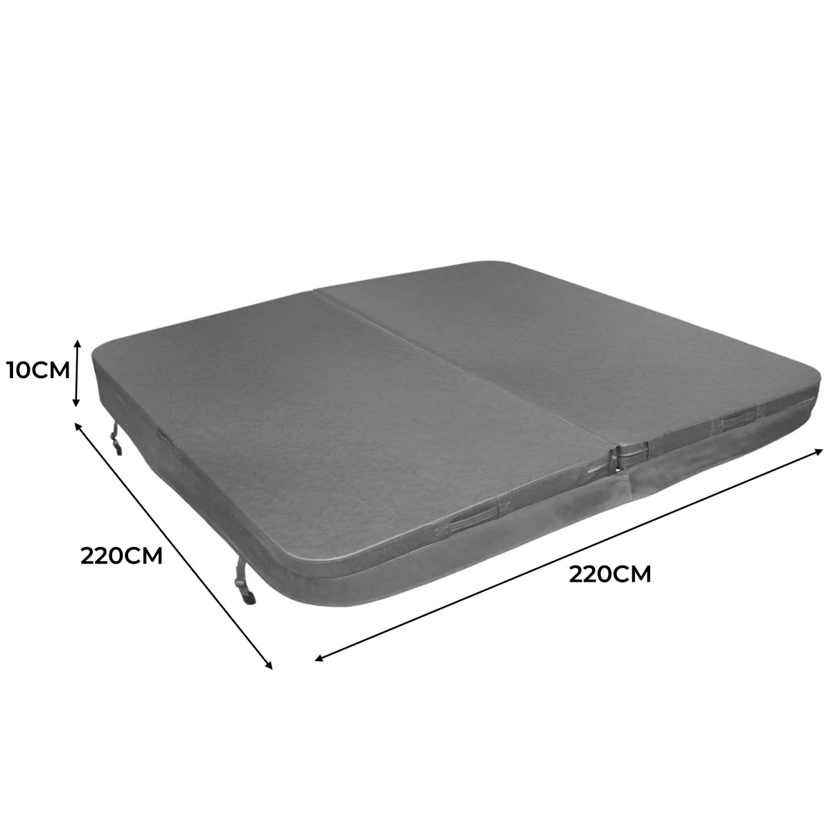 Cobertura cinza para jacuzzi, medindo 2,2m x 2,2m, com textura suave e bordas arredondadas, ideal para proteção e isolamento