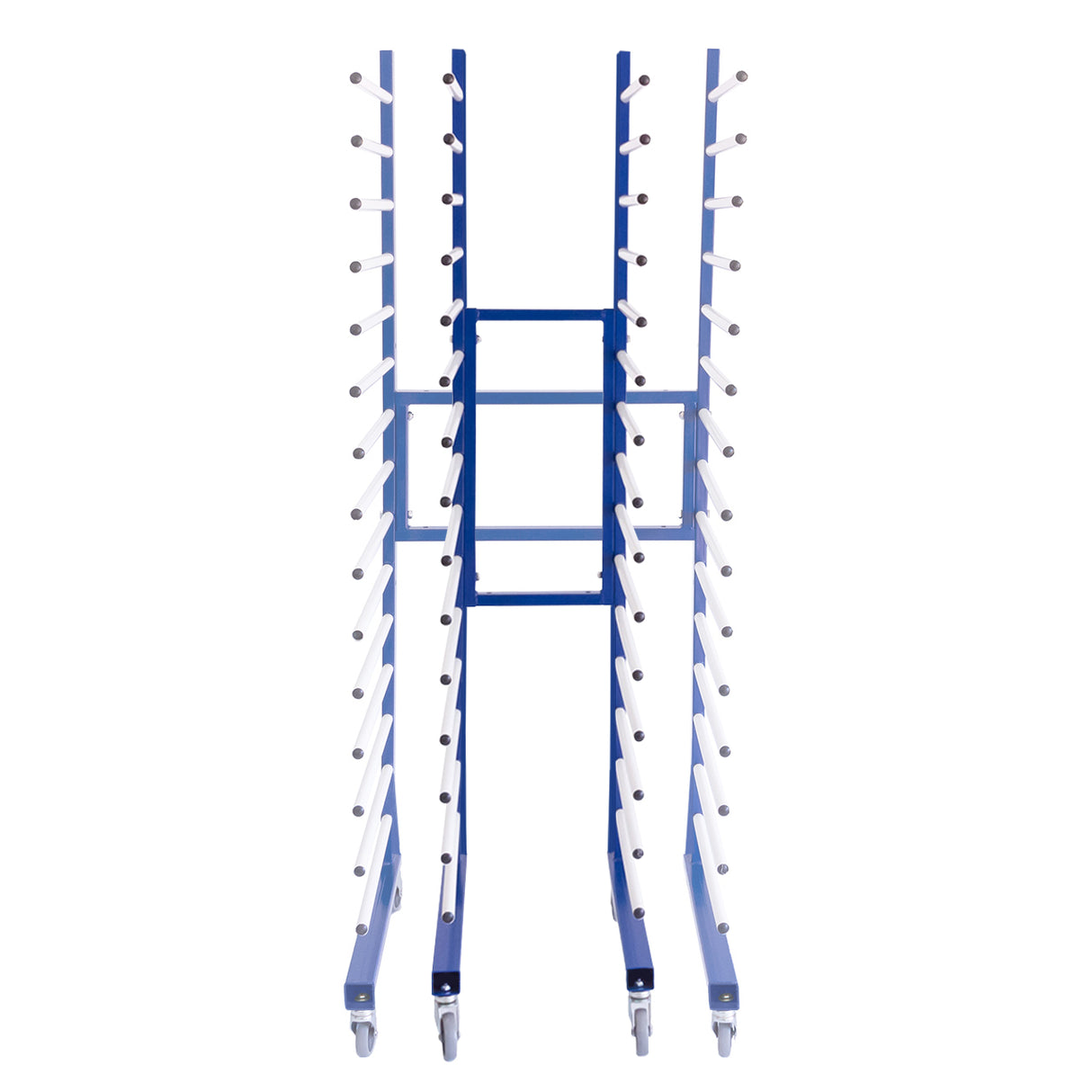 Conector de 2 vias azul para carrinho de secagem, com estrutura metálica e rodízios, ideal para organização e eficiência no trabalho