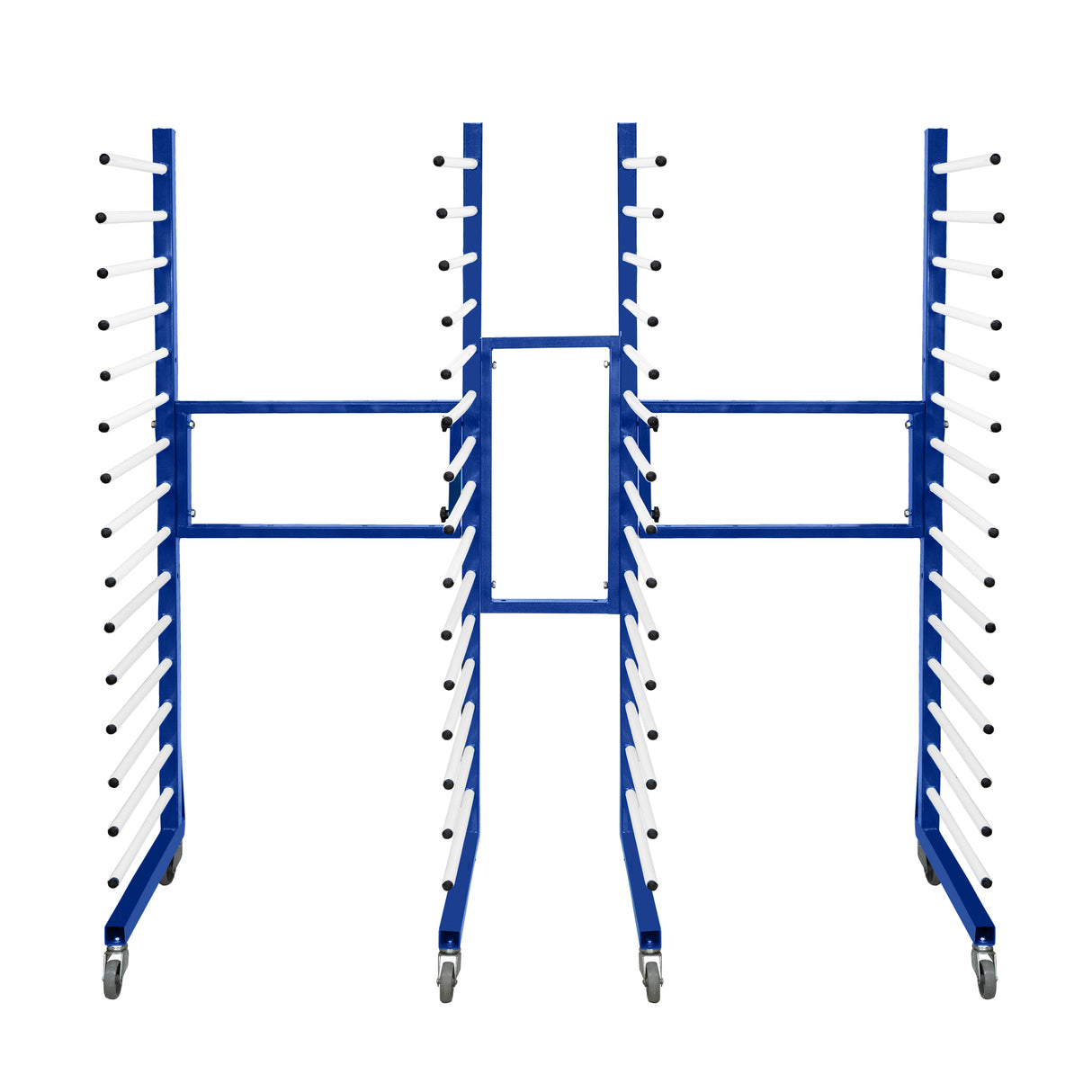 Carrinho combinado azul para secagem por pulverização, com estrutura metálica e rodas, apresentando suportes para 2 unidades e conector central