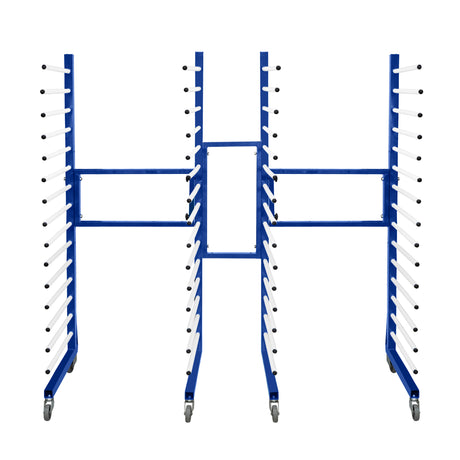Carrinho combinado azul para secagem por pulverização, com estrutura metálica e rodas, apresentando suportes para 2 unidades e conector central