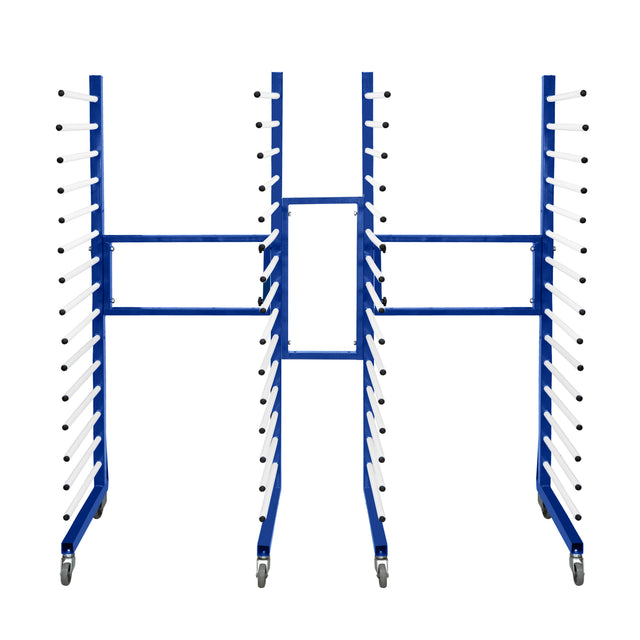 Carrinho combinado azul para secagem por pulverização, com estrutura metálica e rodas, apresentando suportes para 2 unidades e conector central