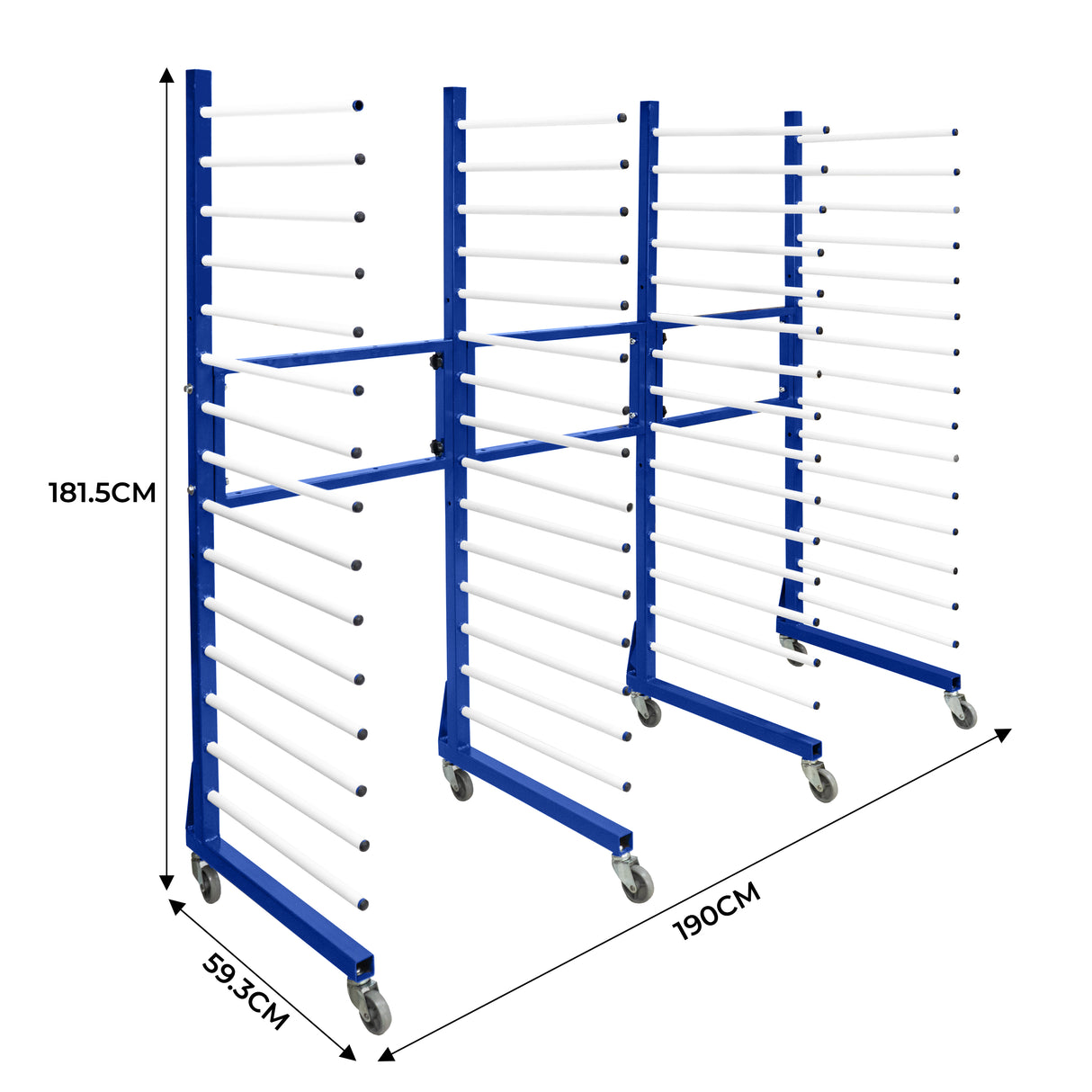 Carrinho combinado para secagem, estrutura metálica azul, 2 unidades com varas brancas, dimensões de 181,5 cm de altura e 190 cm de largura