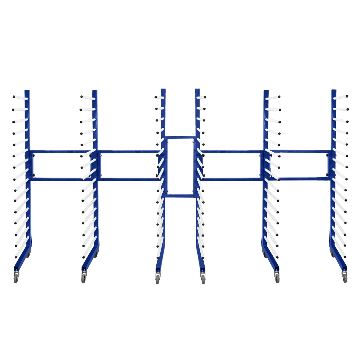 Carrinho combinado azul para secagem por pulverização, com três unidades e dois conectores, possui rodas para fácil movimentação