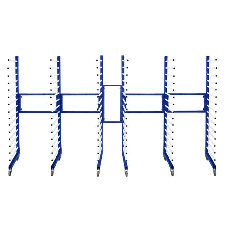 Carrinho combinado azul para secagem por pulverização, com três unidades e dois conectores, possui rodas para fácil movimentação