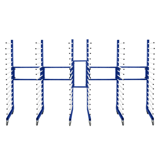 Carrinho combinado azul para secagem por pulverização, com três unidades e dois conectores, possui rodas para fácil movimentação