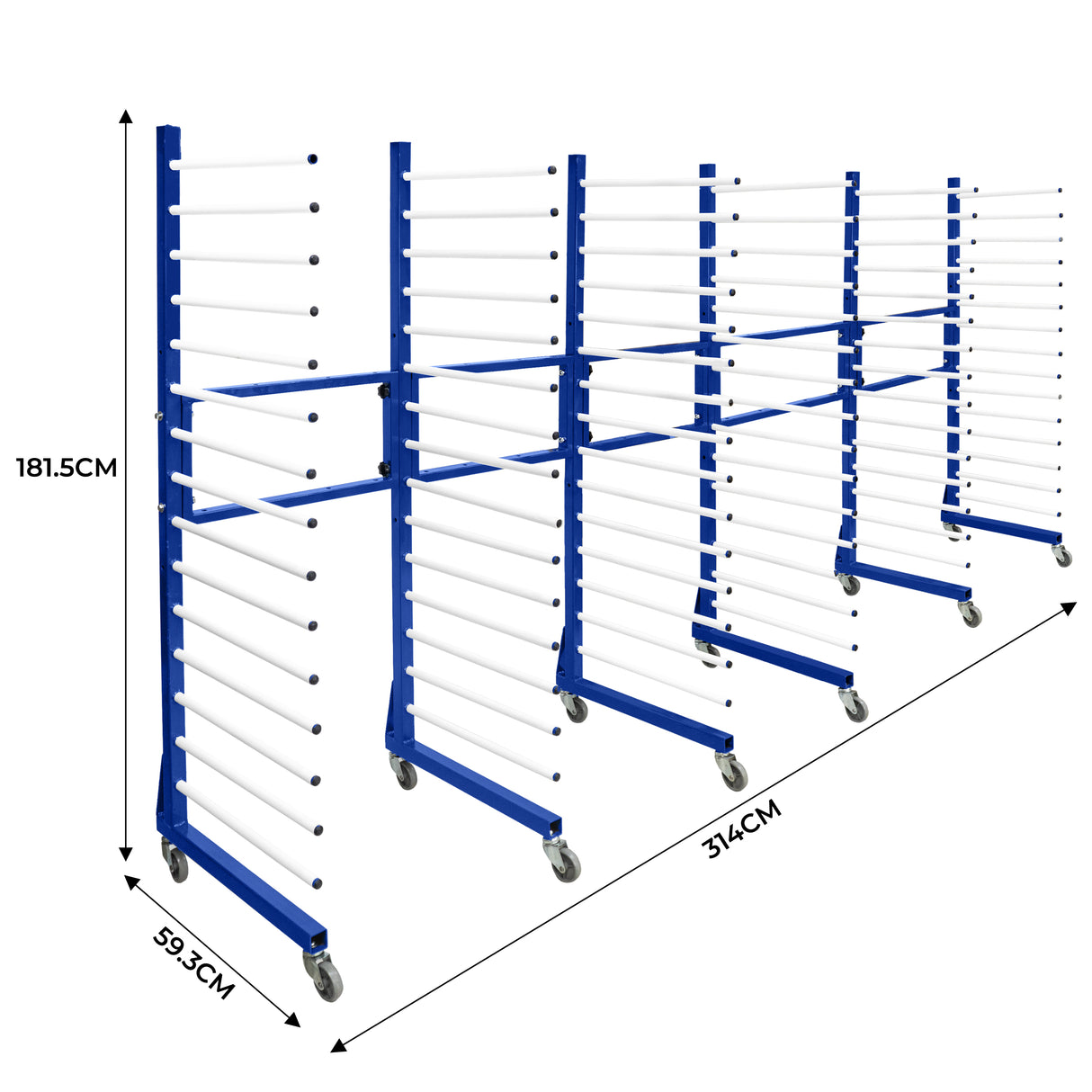 Carrinho combinado para secagem com estrutura azul e barras brancas, medindo 181,5 cm de altura e 314 cm de largura, ideal para organização