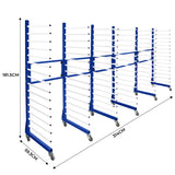 Carrinho combinado para secagem com estrutura azul e barras brancas, medindo 181,5 cm de altura e 314 cm de largura, ideal para organização