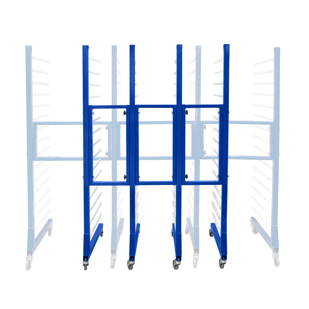 Carrinho combinado azul para secagem por pulverização, com três unidades e dois conectores, ideal para otimizar espaço e organização