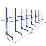 Carrinho combinado para secagem por pulverização, estrutura azul com varas brancas, 4 unidades e 3 conectores, ideal para organização