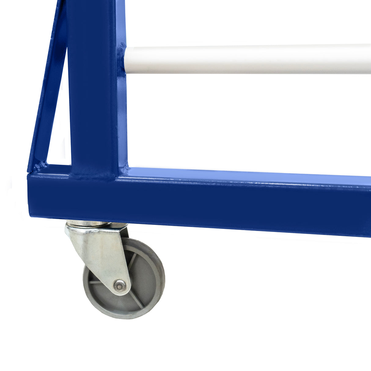 Carrinho de secagem azul com estrutura metálica, rodas giratórias e conectores, ideal para organização e eficiência em ambientes industriais