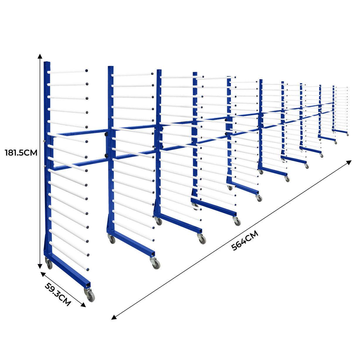 Carrinho combinado para secagem por pulverização, estrutura azul, 5 unidades com 4 conectores, medindo 181,5 cm de altura e 564 cm de largura