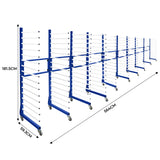 Carrinho combinado para secagem por pulverização, estrutura azul, 5 unidades com 4 conectores, medindo 181,5 cm de altura e 564 cm de largura