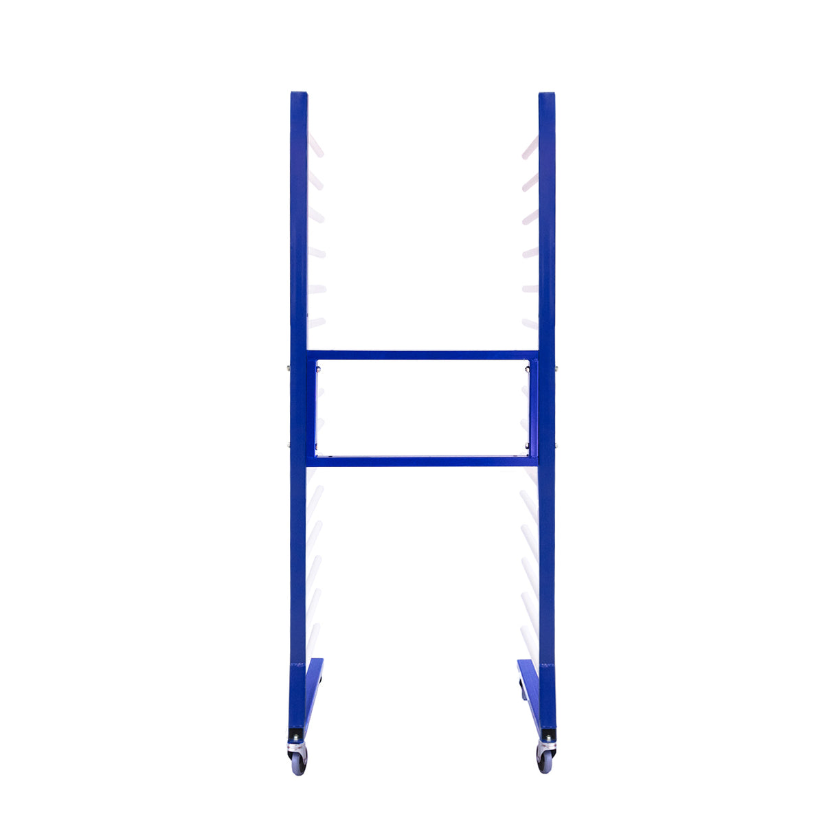 Carrinho de secagem azul com cinco prateleiras brancas e quatro conectores, ideal para organização e eficiência em ambientes de trabalho