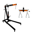 Guindaste de motor de 2 toneladas com estrutura preta, ganchos de metal prateado e nivelador de carga laranja, ideal para movimentação de cargas pesadas