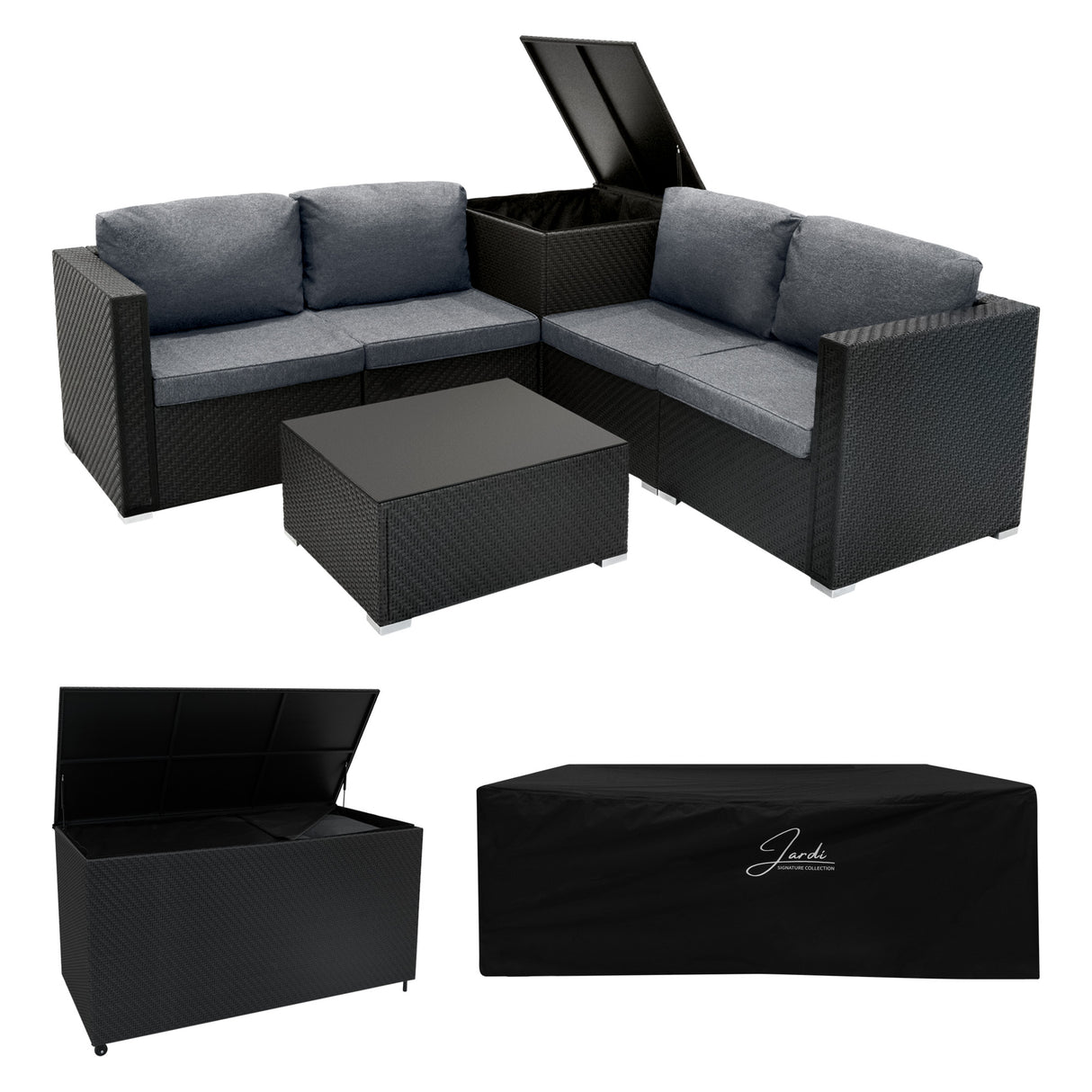 Conjunto Modular de Ratán (6 peças) com Caixa de Armazenamento 700L Serafina (Preto)