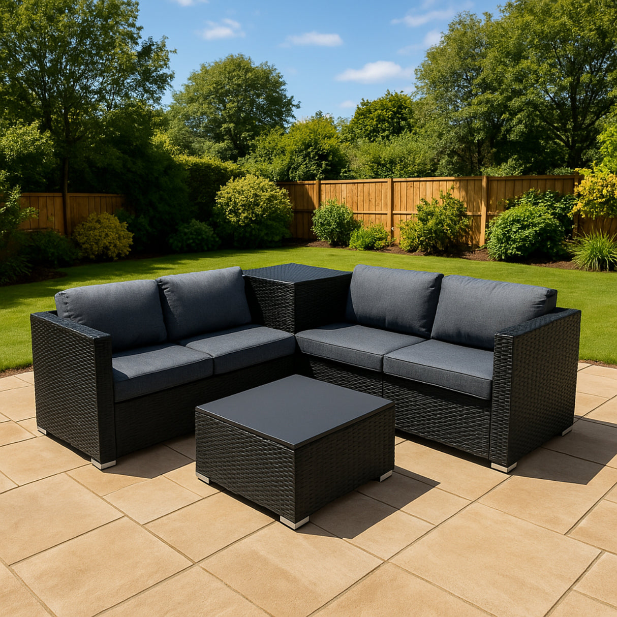 Conjunto Modular de Ratán (6 peças) com Caixa de Armazenamento 700L Serafina (Preto)
