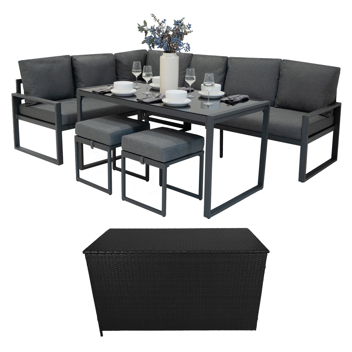 Conjunto Sofá de Canto em Alumínio Antracite + Caixa em Rattan Preto